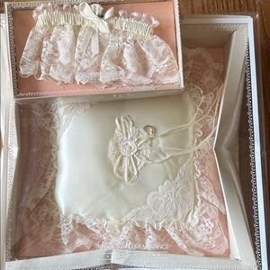 Elegant Lace Bridal Garter Set with Matching Ring Bearer Pillow in Cream